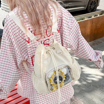 Women Grunge Drawstring Simple Backpacks Y2k Aesthetic Casual All Match Ita Bags Trendy Students Vintage Transparent Schoolbags